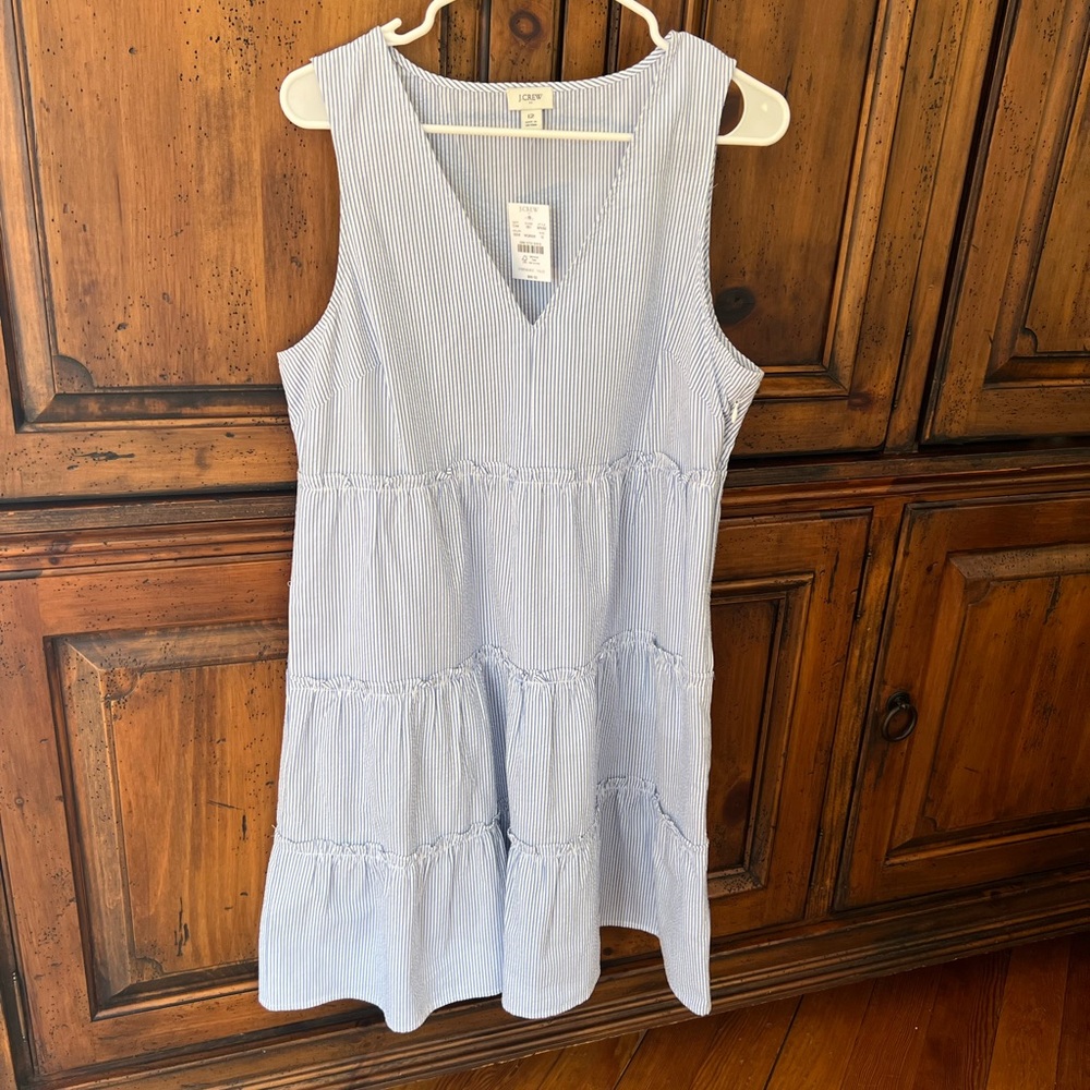 NWT J.Crew Seersucker Blue and White Striped Sleeveless V-Neck Tiered Dress